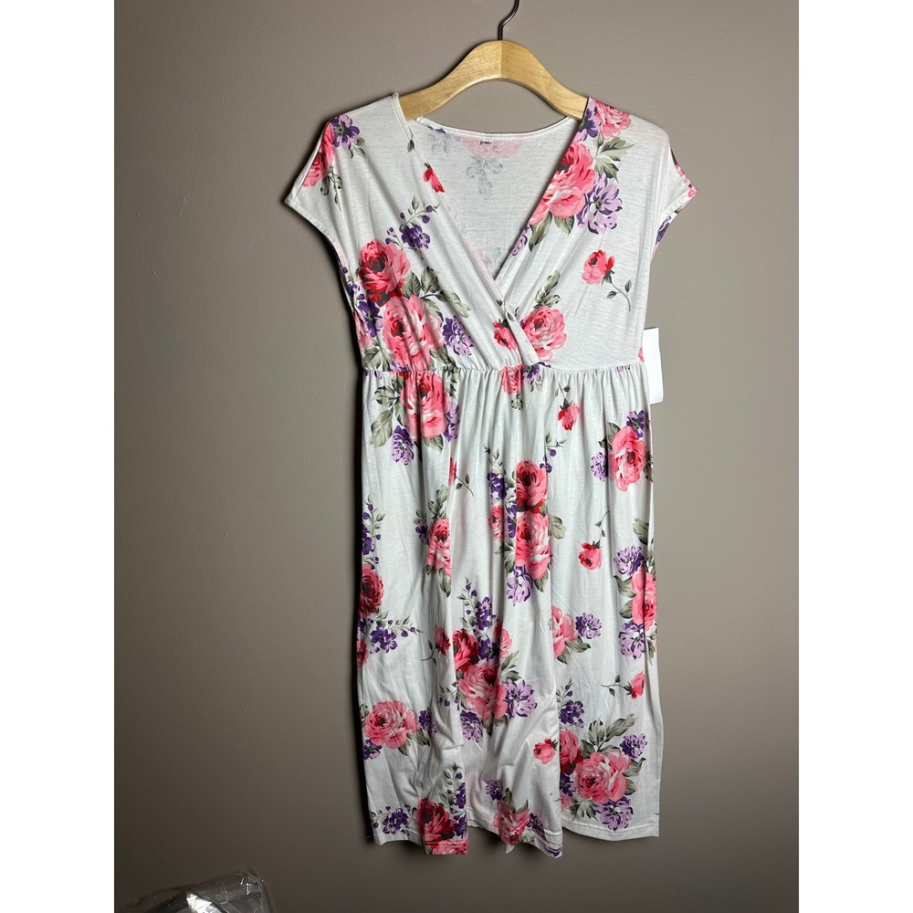 Floral Maternity V-Neck Empire Waist Cap Sleeve Midi Dress White Pink Purple M